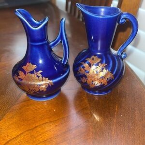 Vintage Chadwick Mini Cobalt Blue And Gold Floral Bud Vases Porcelain Set of 2